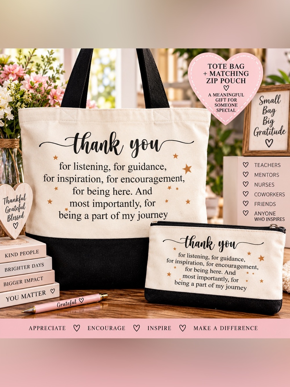 Thank You Canvas Tote Bag with Matching Zip Pouch - Cream and Black